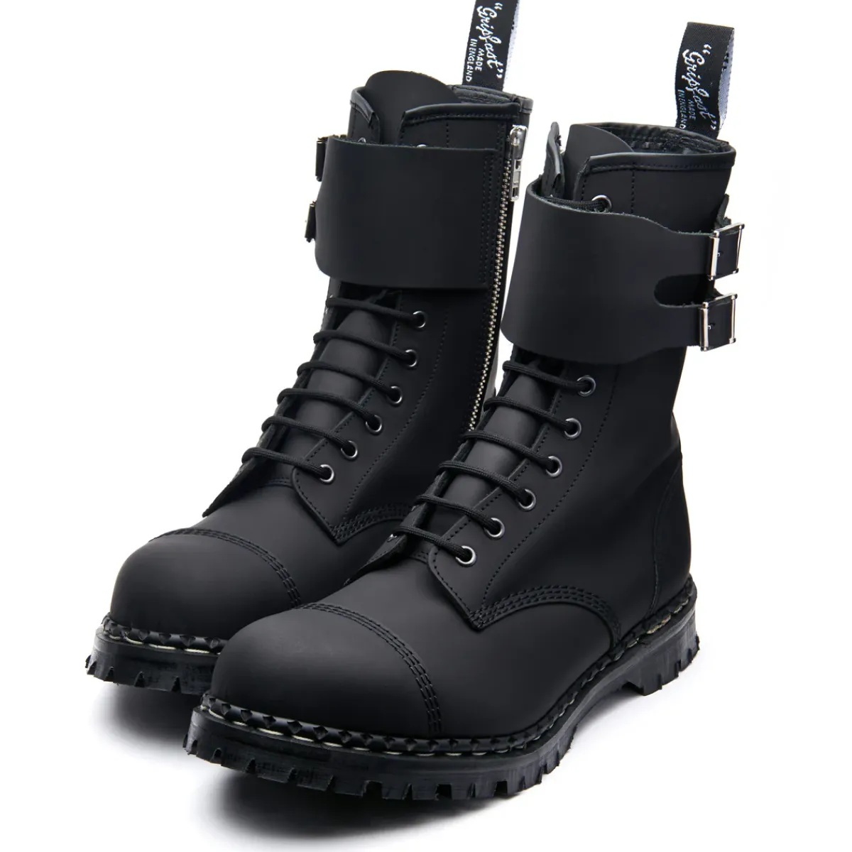 NPS Solovair Black Greasy 10 Eye Steel Toe Capped Zip Twin Strap Derby Boot-Women Zip Boots|Steel Toe Boots